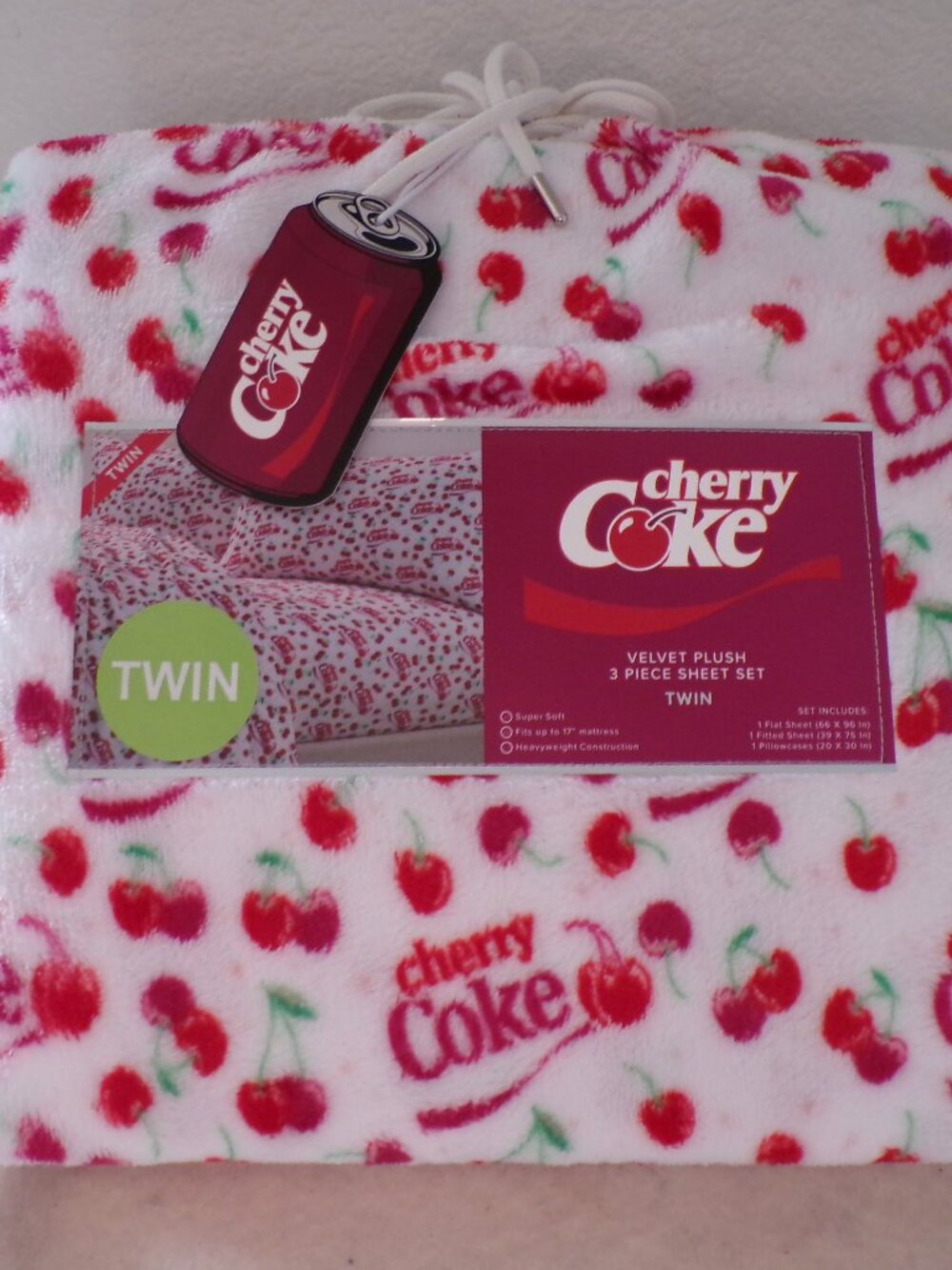 Coca-Cola Cherry Coke Soda TWIN Bed Velvet Plush Sheet Set Red White NEW